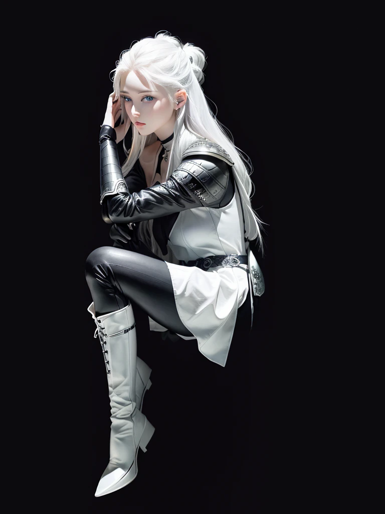 Top quality, RAW Photo, Highest Quality Image, 16K, White hair. Porcelain skin. Beautiful expressive eyes. Sweet and beautiful face. Fantasy clothing. Fantasy world. Black and white clothes. A slender girl in black leather trousers, armor, shoulder pads and comfortable beautiful clothes. Leather boots. Full length from head to toe. Prominent shoes and boots.