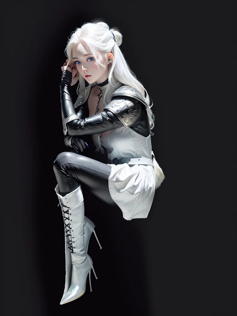 Top quality, RAW Photo, Highest Quality Image, 16K, White hair. Porcelain skin. Beautiful expressive eyes. Sweet and beautiful face. Fantasy clothing. Fantasy world. Black and white clothes. A slender girl in black leather trousers, armor, shoulder pads and comfortable beautiful clothes. Leather boots. Full length from head to toe. Prominent shoes and boots.