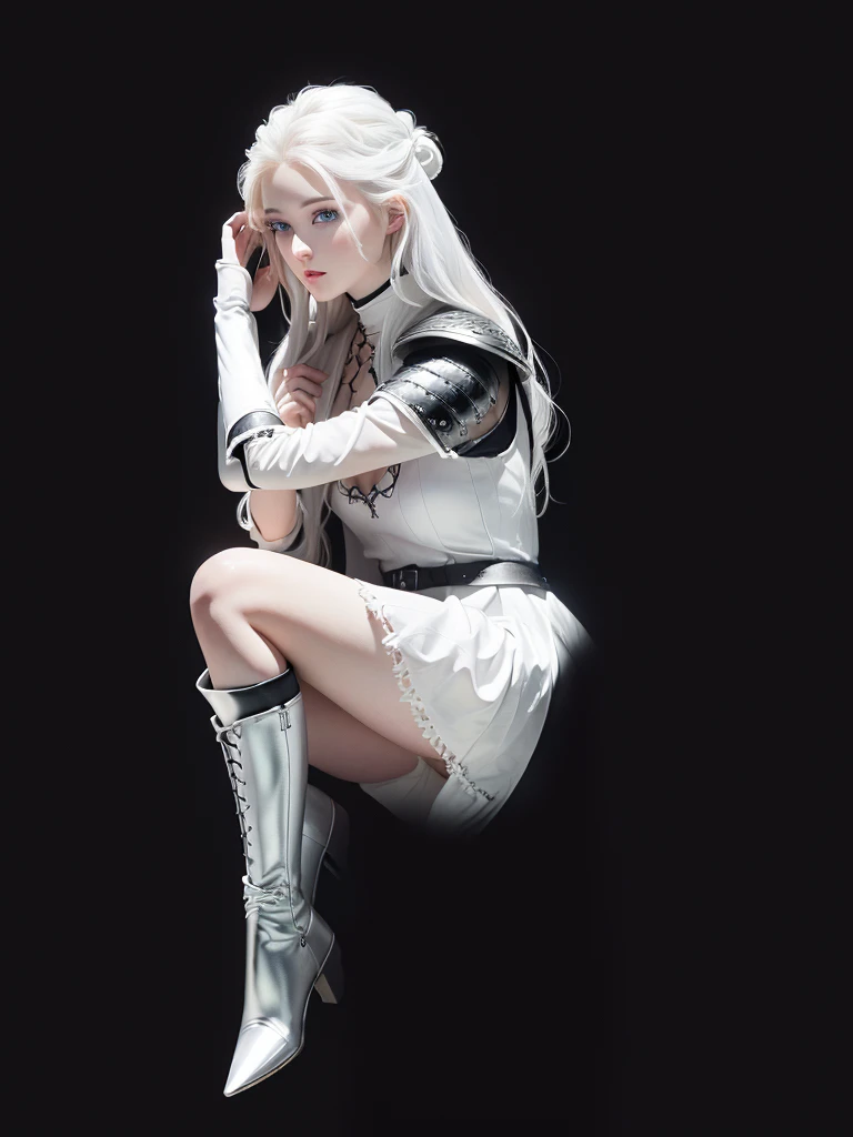 Top quality, RAW Photo, Highest Quality Image, 16K, White hair. Porcelain skin. Beautiful expressive eyes. Sweet and beautiful face. Fantasy clothing. Fantasy world. Black and white clothes. A slender girl in black leather trousers, armor, shoulder pads and comfortable beautiful clothes. Leather boots. Full length from head to toe. Prominent shoes and boots.