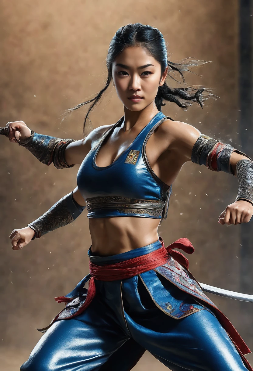 8k, best quality, highres, realistic, real person, A female sword warrior in a fighting stance, captured in a dynamic pose as she performs a spectacular back spinning kick, jumping, soaring through the air. The scene emphasizes her agility and the fluidity of her movement, showcasing the elegance and power of her martial arts skills in a high-energy moment.