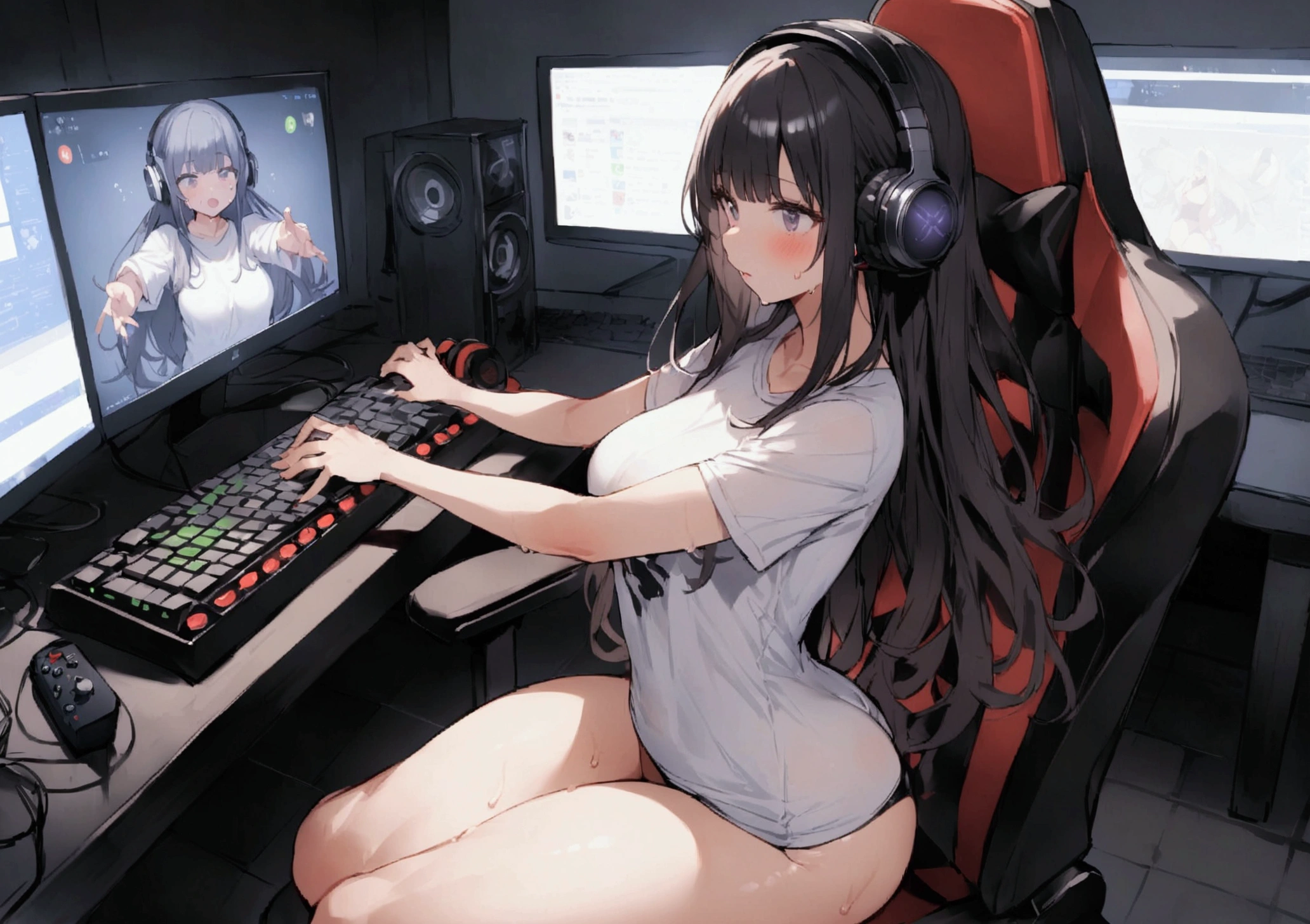 One Woman、beautiful girl、Sit on a chair、Dark Room、computer、Sit in a gaming chair、High-end headphones、Grip the game controller、computerに向き合う、beautiful girl, Highest quality, Tight T-shirt、下半身はStripes模様Pantiesのみ、Thick thighs、Big 、Big Ass、Black Hair、long hair、Bangs、Sweaty body、I'm sweating all over、Lewd sound effects、Excited、Stripes々Panties、The monitor has a biohazard、Tight T-shirt、Side angle