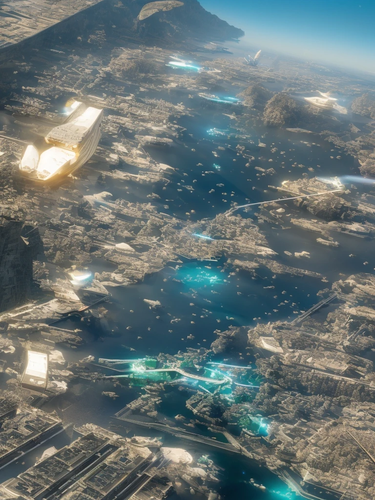 (high quality，Masterpiece，Octane Rendering，Ray Tracing，Extremely detailed，3d，8k:1.2) ，Future City，Surreal，Several warships in the air