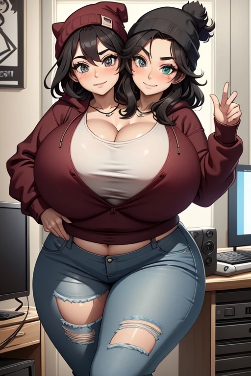 2heads, tall chubby woman with 2 heads. In a messy bedroom with gaming PC. Playing video games. Short messy maroon hair. Wearing a beanie. Wearing unbuttoned open hoodie, bra underneath. Wearing jeans. Mature, womanly. Thick thighs, wide hips. Wearing eyeliner, baggy tired eyes. Many tattoos and piercings. Happy, smiling. 