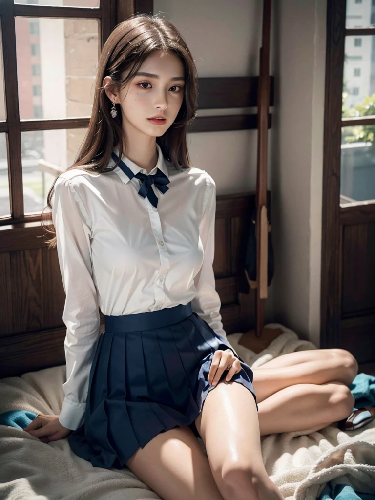 absurdres, RAW photo, extremely delicate and beautiful, masterpiece, Best Quality, ultra high resolution, 32k, hyperrealistic, ultra-detailed, perfect anatomy, super Detailed skin, perfect figure, Super Beauty, Perfect Style, Perfect balance, Beautiful Lighting, Perfect Lightning, Realistic Shadows, 20 years old, very Slim body, narrow waist, very small head, very small face, delicate facial features, handsome detailed woman, very detailed eyes and face, realistic face proportions, Realistic beautiful face, Realistic beautiful eyes, tearful mole, earring, very huge round breasts, legs, medium hair, ((full body shot)), indoor, ((school_uniform)),
