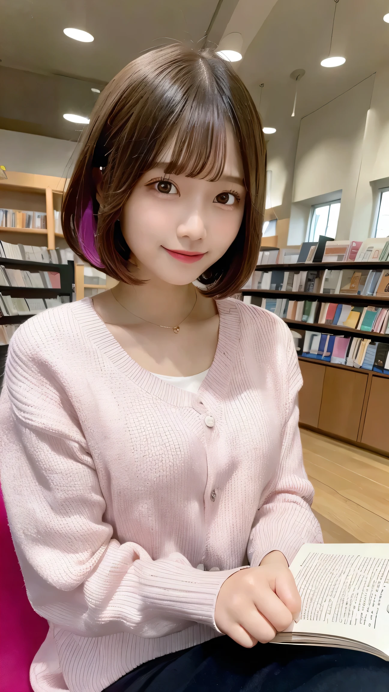best quality, masterpiece, 1girl, bob cut, pink hair, reading a book, at library, under reading light, upper body
