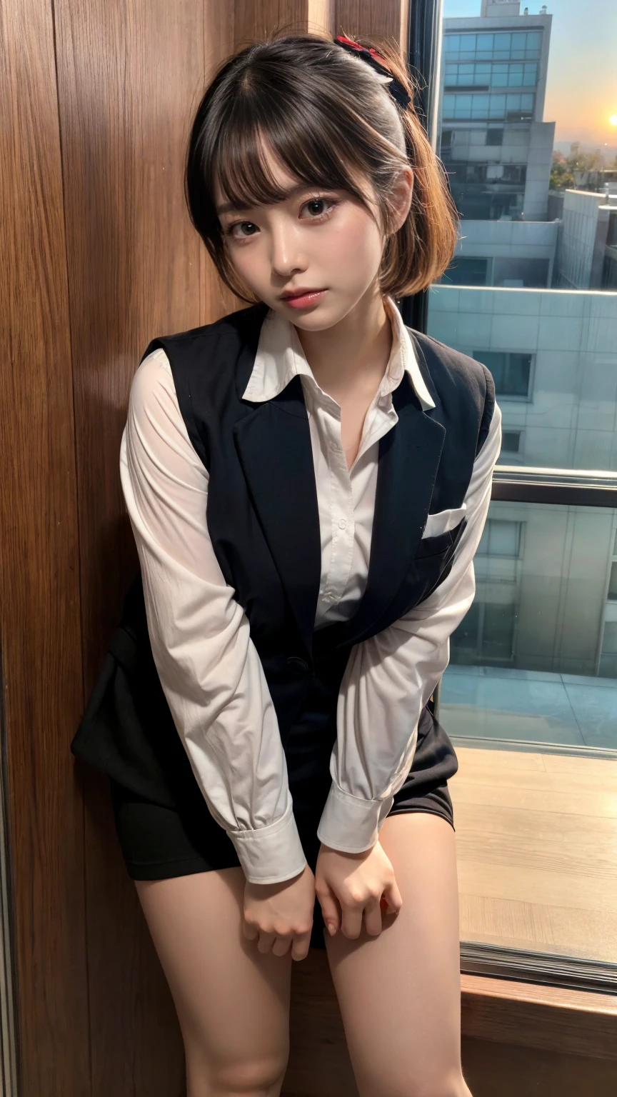 masterpiece, best quality, illustration, Super detailed, fine details, High resolution, 8K,wall paper, perfect dynamic composition,(Details High quality, realistic depiction of eyes:1.3), short hair, Office Lady, ,Suit,Collared shirt, Black Suit,Black jacket, updo, huge breasts, black hair color, Big Natural Color Lip, bold sexy pose, crying a little、cold gaze, Harajuku style、20 year old girl、cute type、ta、beautiful legs, hotel room, full body photo、focus on crotch, hposing Gravure Idol, Sexy shot looking at camera, Sunset, by the window, Summer, make up, Curve
