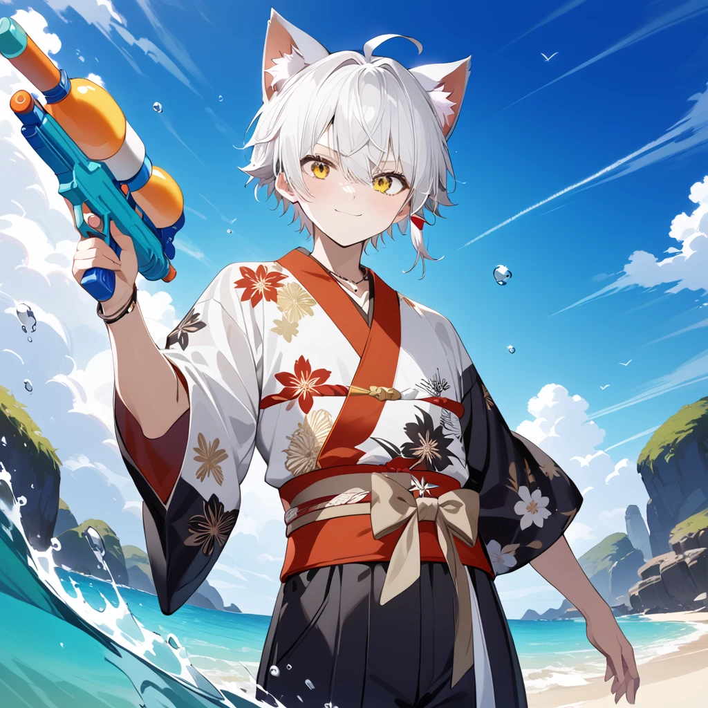 dynamic pose, ((cat_boy)),1boy,male focus,(white animal ears),white hair, short hair with single long lock,(split color kimono),(white kimono),(black kimono),(red lapel),ahoge,yellow eyes,dot nose,closed mouth, BREAKE outdoors, beach, ocean, marin, necklace, bracelet,happy, cute, sunlight,, close-up,BREAK holding supersoaker, holding [watergun:supersoaker:.25], super soaker, aiming at you, waterstream, splash,white hakama skirt,red and white single earring,obi,red sash,beige bow,print kimono