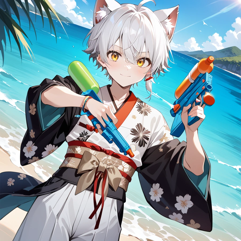 dynamic pose, ((cat_boy)),1boy,male focus,(white animal ears),white hair, short hair with single long lock,(split color kimono),(white kimono),(black kimono),(red lapel),ahoge,yellow eyes,dot nose,closed mouth, BREAKE outdoors, beach, ocean, marin, necklace, bracelet,happy, cute, sunlight,, close-up,BREAK holding supersoaker, holding [watergun:supersoaker:.25], super soaker, aiming at you, waterstream, splash,white hakama skirt,red and white single earring,obi,red sash,beige bow,print kimono