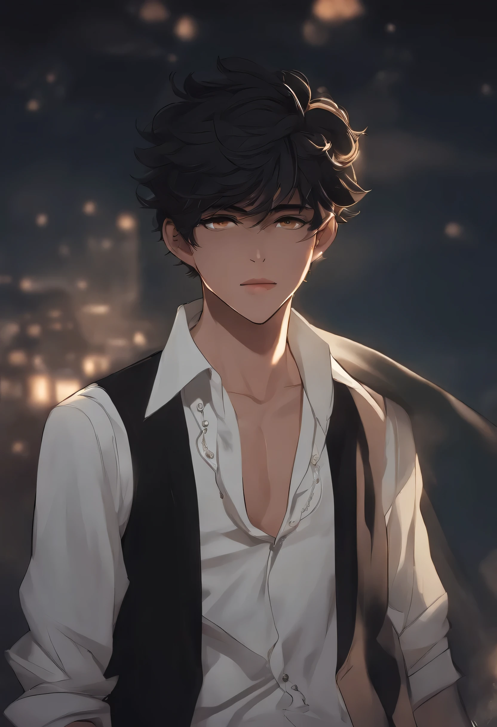 man in black top hat, black necktie, Black Suit, sword in the waist, black trident on the back, style cartoon, style anime, anime boy soft