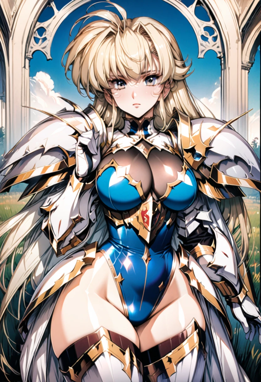 ((highest quality)), ((masterpiece)), ((hyperrealistic)), (detailed background), 1girl, ((curvy: 1.2)), Langrisser, ((Sparkling sequin lame leotard: 1.5)), ((catsuit)), ((white paladin armor)), ((long skirt)), ((armored dress)), cloak de cour, gauntlet, gloves, belt, Blonde hair, ahoge, (huge breasts), (see-through cleavage cutout), (zettai ryouiki armored thigh high boots), (thighs), beautiful eyes, perfect face, Perfect hands, perfect fingers, Blue sky and grassland,