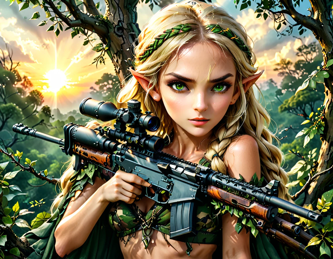 a portrait picture of a 1single female elf sniper, lying on a tree branch aiming a sniper rifle, an exotic beautiful elf sniper, blond hair, braided hair, intense green eyes, ultra detailed face, small pointed ears, forest camouflage cloths, on top of a epic fantasy tree, aiming a Barret M82, fantasy fores background, its sunset, sun rays, some clouds,  (full body shot: 1.1) , vibrant, Ultra-high resolution, High Contrast, (masterpiece:1.5), highest quality, Best aesthetics), best details, best quality, highres, ultra wide angle, 16k, [ultra detailed], masterpiece, best quality, (extremely detailed) Sniper Rifle, Intense gaze
