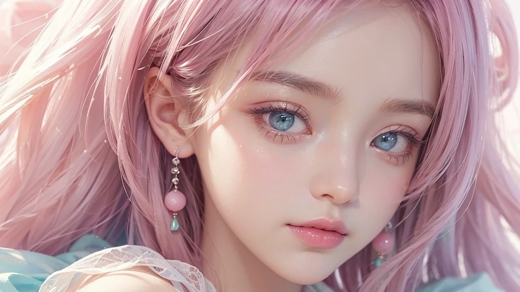 ((masterpiece)). This work is dreamy and fantastical., Soft pink watercolor shades. Generates delicate magical women exploring the bubble gum world in a variety of pastel colors. Her sweet face is extremely detailed and realistic with elegant, Mature features, Puffy, Big lips and stunning, Extremely realistic eyes. Her eyes are important、Be realistic, Very detailed, And it's beautiful. High resolution and detail, Include many details like stars, Milky Way, Colorful bubbles, Colorful petals, And a lot of energy and emotion! Stars and colorful bubblegum bubbles are important! Include fantasy details, Enhanced Details, iris, Colorful sparkling wind, And pollen. Pay special attention to her face、Make sure it's beautiful and realistic in detail。. The image is dreamy、It has to be fantastical..8k, Complex, elegant, Very detailed, Majestic, Digital photography