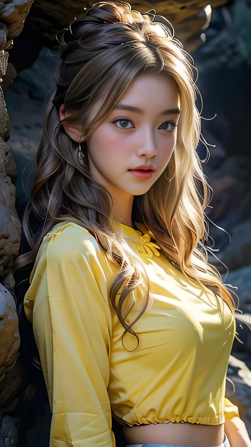 (Surreal), (picture), (High resolution), (In 8K), (Very detailed), (Best Illustration Photos), (Beautiful and fine details), (最high quality), (Ultra-detailed), (masterpiece), (wallpaper), (Detailed face), solo, One Girl, Blonde Wavy Hair, Korean Beauty,Black Eyes, ((A loose-fitting blue and yellow maid outfit)), Long legs, Toned Abs, Big Tits､stockings、((In a dark cave))、(Pause＿random)､((Upper body portrait))), Upper body portrait, masterpiece, 最high quality, high quality, High resolution,