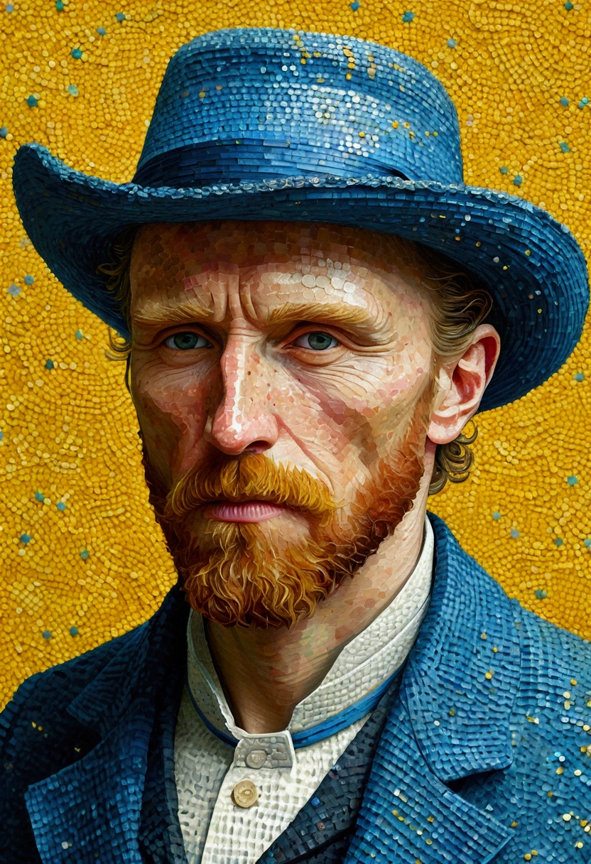 Self-portrait of Vincent van Gogh::Style Pointillism、It is made up of all kinds of things, big and small.、Clear, colored dots、Very detailed ::n_Style Anime、Photorealistic、Deformation、There has been a breakdown、High contrast、noisy ::Seed 1000