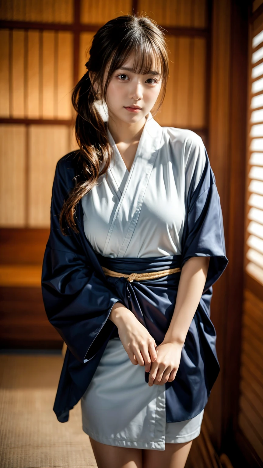 masterpiece, Best Quality, 8K, 20 yo, , cuddly, Solo, sad, Cute, Girly, Delicate girl, Neat and clean beauty,  Raw photo, Professional Photography, Portrait, full body, front view, perfect body shape, Sophisticated, Film grain, (Eyes and faces with detailed:1.0), ponytail, short length floating hair, beautiful flowing hair, bangs, Kimono Wrap Shirt