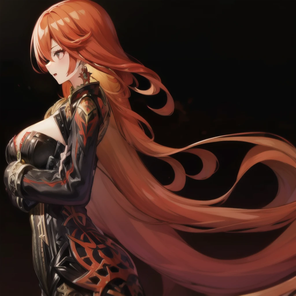1girl(big Breast ,solo), (masterpiece, best quality:1.2), .Mavuika，Natlan，genshin，indoor，crossed_arms,open mouth,from side,cowboy shot,arms under breasts