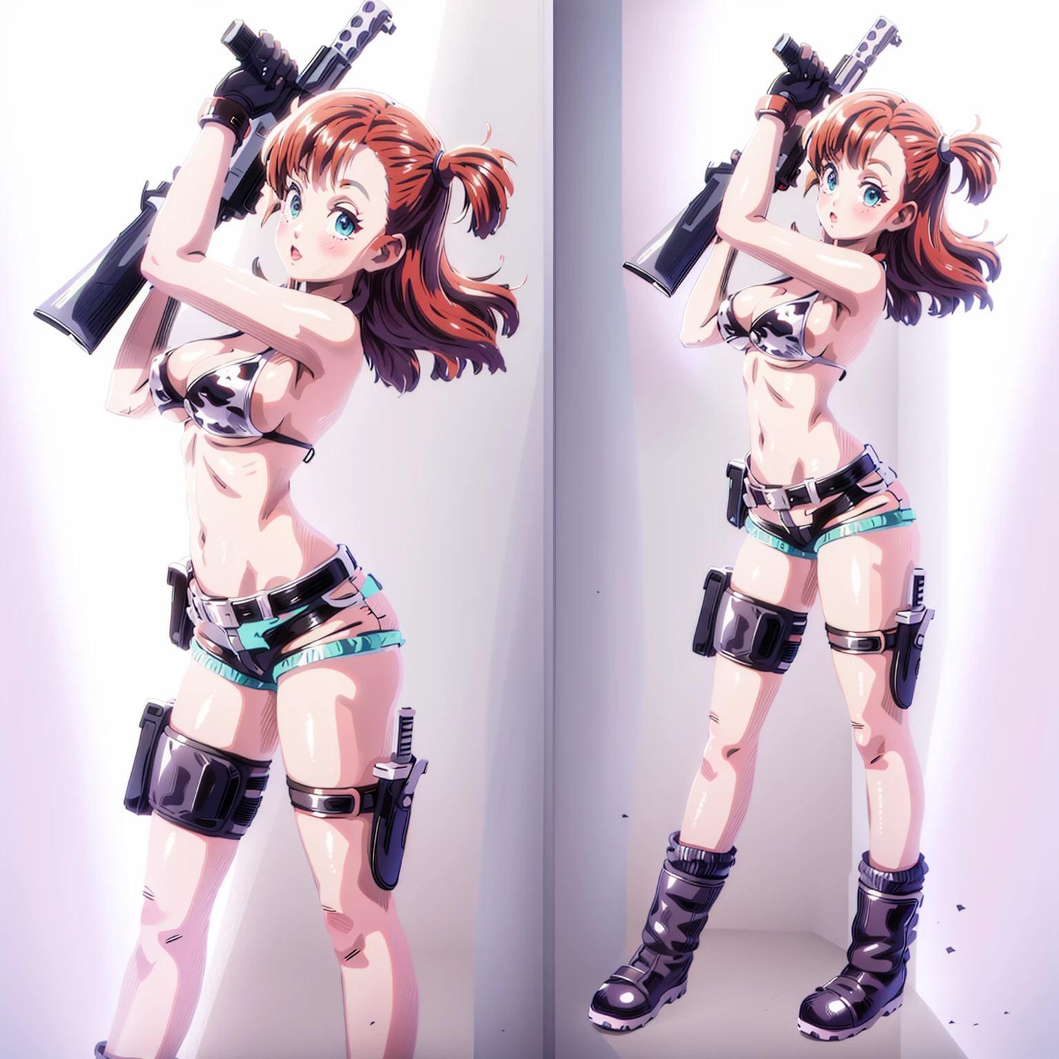 1girl, solo, gun, weapon, Leather Shorts, swimsuit, bulma, holster, boots, bikini, red hair, gloves, breasts, one side up, bikini top only, Leather Shorts, thigh holster, shorts, short shorts, cleavage, navel, medium breasts, handgun, full body, long hair, midriff, belt, thigh strap