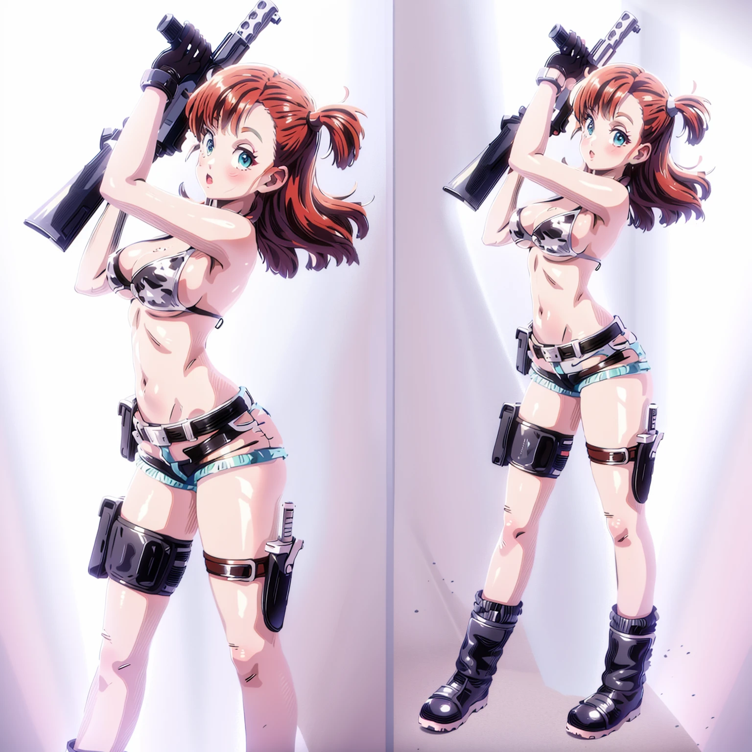 1girl, solo, gun, weapon, Leather Shorts, swimsuit, bulma, holster, boots, bikini, red hair, gloves, breasts, one side up, bikini top only, Leather Shorts, thigh holster, shorts, short shorts, cleavage, navel, medium breasts, handgun, full body, long hair, midriff, belt, thigh strap