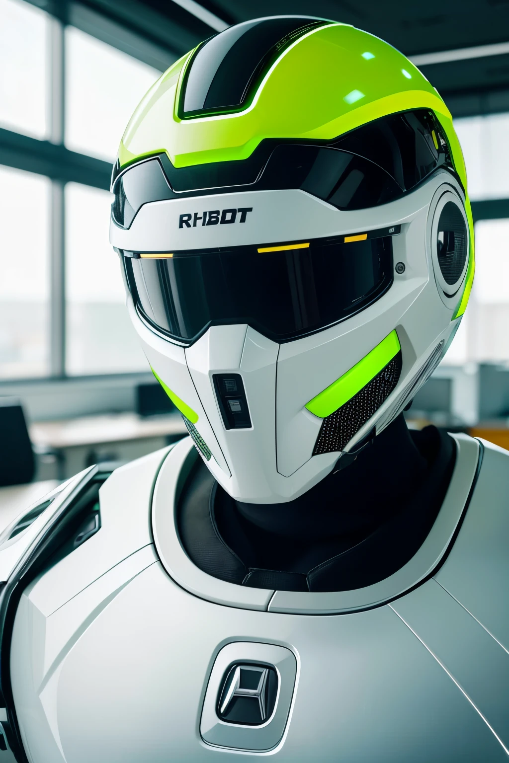 white robotic helmet with green and yellow details in human-use design with dark lenses on a desk in an office in the background of the image, semi-laterial view from the left, A hyper realistic, photographic image of clear, HD, 4K, photo's,