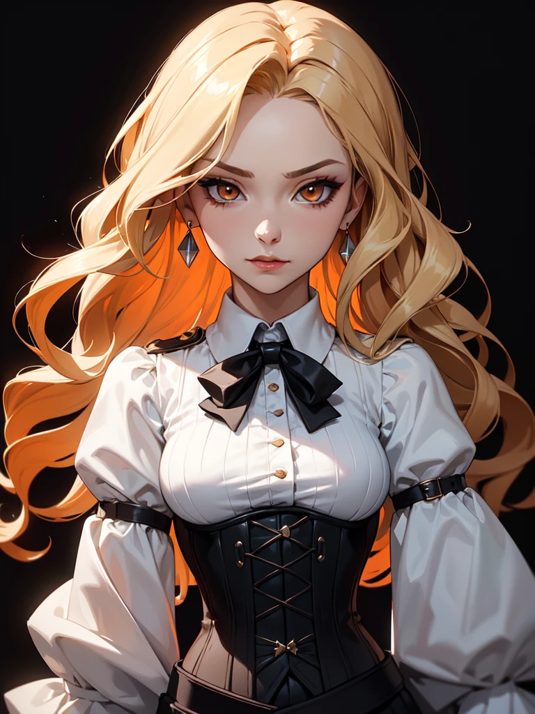 (((Portrait Photo))), She has a Strong, Seductive 21-Years-Old Appearance, with a Tall, an Elegant Build, and a Sophisticated Demeanor. She has Long, Light Blonde Hair, Styled in Loose Waves, with Strands Falling Around Her Face. Her Sharp, Orange Eyes Express a Confident and Intense Look, Giving Off a Regal and Powerful Attitude. She Wears a High-Collared, White Blouse with Ruffled Details, Paired with a Black Corset that Cinches Her Waist, Completed with a Black High-Waisted Trousers. (((High Quality, Dark Background))), (((Portrait Photo)))