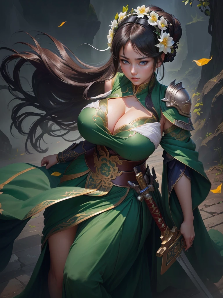 a woman in a green dress holding a sword and a flower, inspired by Li Mei-shu, inspired by Shen Zhou, inspired by Wu Li, inspired by Wu Zuoren, yun ling, inspired by Ju Lian, inspired by Li Tang, full body xianxia, inspired by Qiu Ying, inspired by Lan Ying, xianxia hero, Highly detailed CG unit 8k wallpaper, masterpiece, High resolution, highest quality, highest quality real texture skin, Super Real, Digital Painting, Best image quality, 最High resolution, 8k, ((Highly detailed eyes and face, Beautiful eyes every detail)), 1girl, Full Body Shot, (Cleavage, Saggy breasts, Gravity-dependent breasts, long chest, Heavy chest, disproportionate breasts, huge breasts, sagging breasts, gigantic breasts, erect nipple), Off the shoulder,