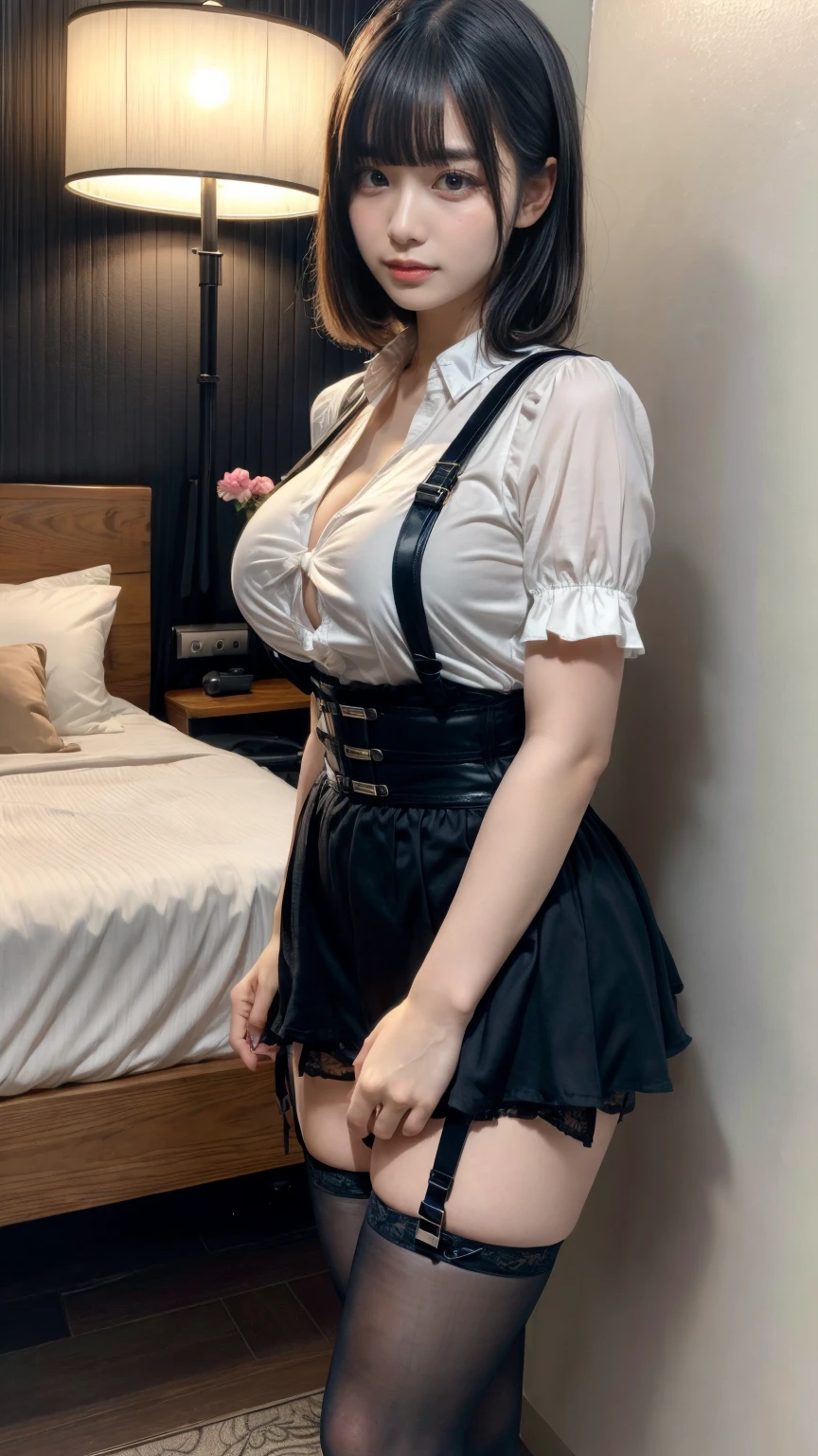 masterpiece, best quality, illustration, Super detailed, fine details, High resolution, 8K,wall paper, perfect dynamic composition,(Details High quality, realistic depiction of eyes:1.3), holster, bobby, Cutter shirt, a belt, suspenders, a miniskirt, garterbelts, knee high Stockings, large breasts, short bob hair、black hair color, Big Natural Color Lip, bold sexy pose, crying a little、Harajuku style、20 year old girl、cute type、lolita、beautiful legs, hotel room, gravure idol, Voluptuous thighs
