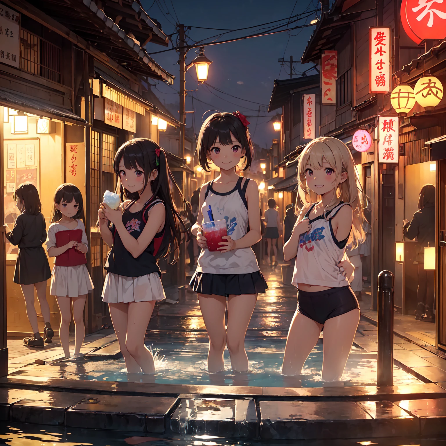 (masterpiece、Highest quality)、(日本のUnsanitary and dim地下街、Night view、Poor Street、middle School girls3People and above、Street lamp、地下へのstage)、(美しいNight view)、(Showa style、Japan favelas、Old and dirty hot spring town)、(Underground hot spring facilities、stage)、(middle School girls3People and above、Tank top、Panties、smile、fun)、((Unsanitary and dim))、Shady Red Light District、shaved ice、Sale of drinks、(stage、Everyone is having fun bathing)、smile、Happy schoolchildren、Perfect Anatomy