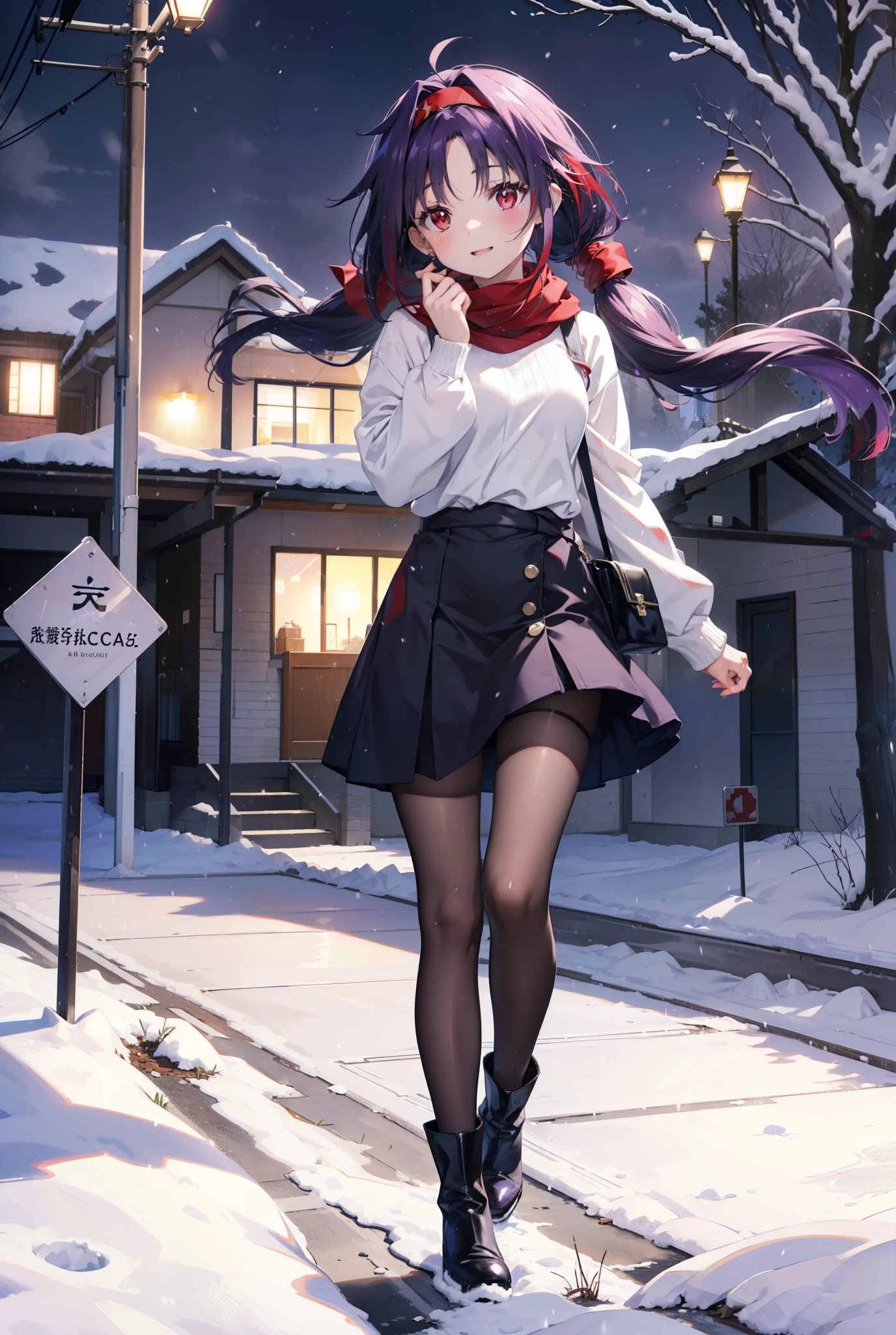 yuukikonno, Konno Yuuki, Long Hair, Pointed Ears, Purple Hair, (Red eyes:1.5), (Small breasts:1.2), Open your mouth,happy smile, smile, Open your mouth,hair band,low twin tail,Red Scarf,Oversized purple sweater,Black pantyhose,Long skirt,short boots,Holding a paper cup of coffee in both hands,Walking,snowが降っている,snowが降り積もっている,snow,snow,snow,snow,snowが積もった木,winter,Cold Sky,night,whole bodyがイラストに入るように,
break looking at viewer, whole body,
break outdoors, Building district,
break (masterpiece:1.2), Highest quality, High resolution, unity 8k wallpaper, (figure:0.8), (Beautiful attention to detail:1.6), Highly detailed face, Perfect lighting, Highly detailed CG, (Perfect hands, Perfect Anatomy),