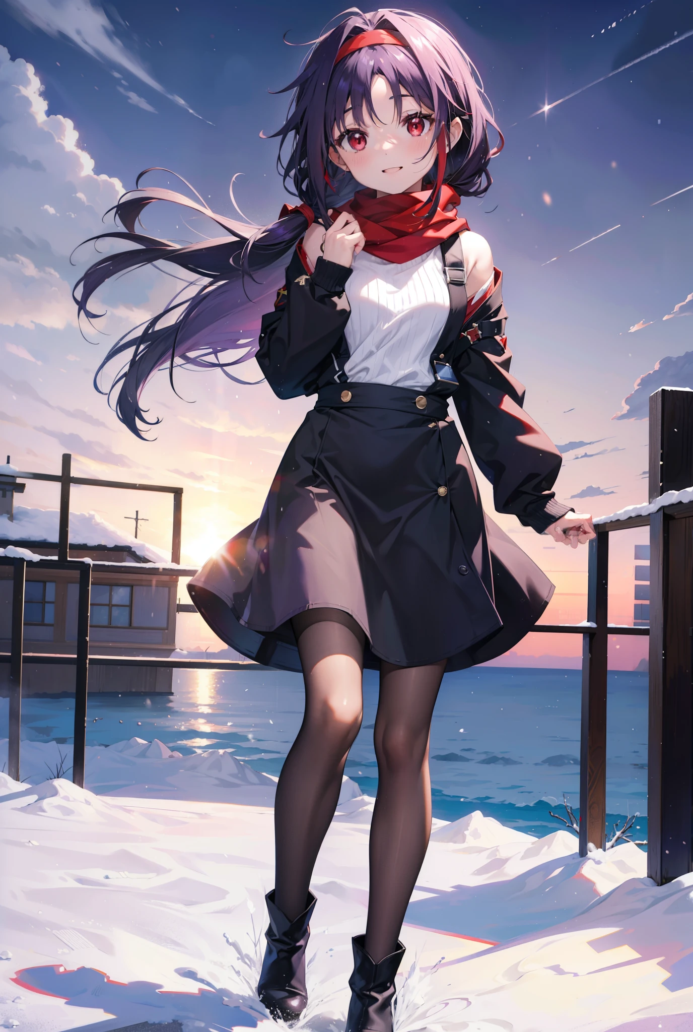 yuukikonno, Konno Yuuki, Long Hair, Pointed Ears, Purple Hair, (Red eyes:1.5), (Small breasts:1.2), Open your mouth,happy smile, smile, Open your mouth,hair band,low twin tail,Red Scarf,Oversized purple sweater,Black pantyhose,Long skirt,short boots,Holding a paper cup of coffee in both hands,Walking,snowが降っている,snowが降り積もっている,snow,snow,snow,snow,snowが積もった木,winter,Cold Sky,night,whole bodyがイラストに入るように,
break looking at viewer, whole body,
break outdoors, Building district,
break (masterpiece:1.2), Highest quality, High resolution, unity 8k wallpaper, (figure:0.8), (Beautiful attention to detail:1.6), Highly detailed face, Perfect lighting, Highly detailed CG, (Perfect hands, Perfect Anatomy),