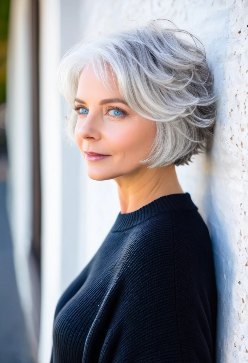 Blonde woman with blue eyes and a black sweater leaning against a wall, Short white hair, white hair color, Messy wavy white hair, short bob white hair, Medium length white hair, White shorthair, Gray-haired lady, white fringe hair, flowy white grey hair, Silvery white hair, Gray-haired, White Hair - Blonde, Bright white hair