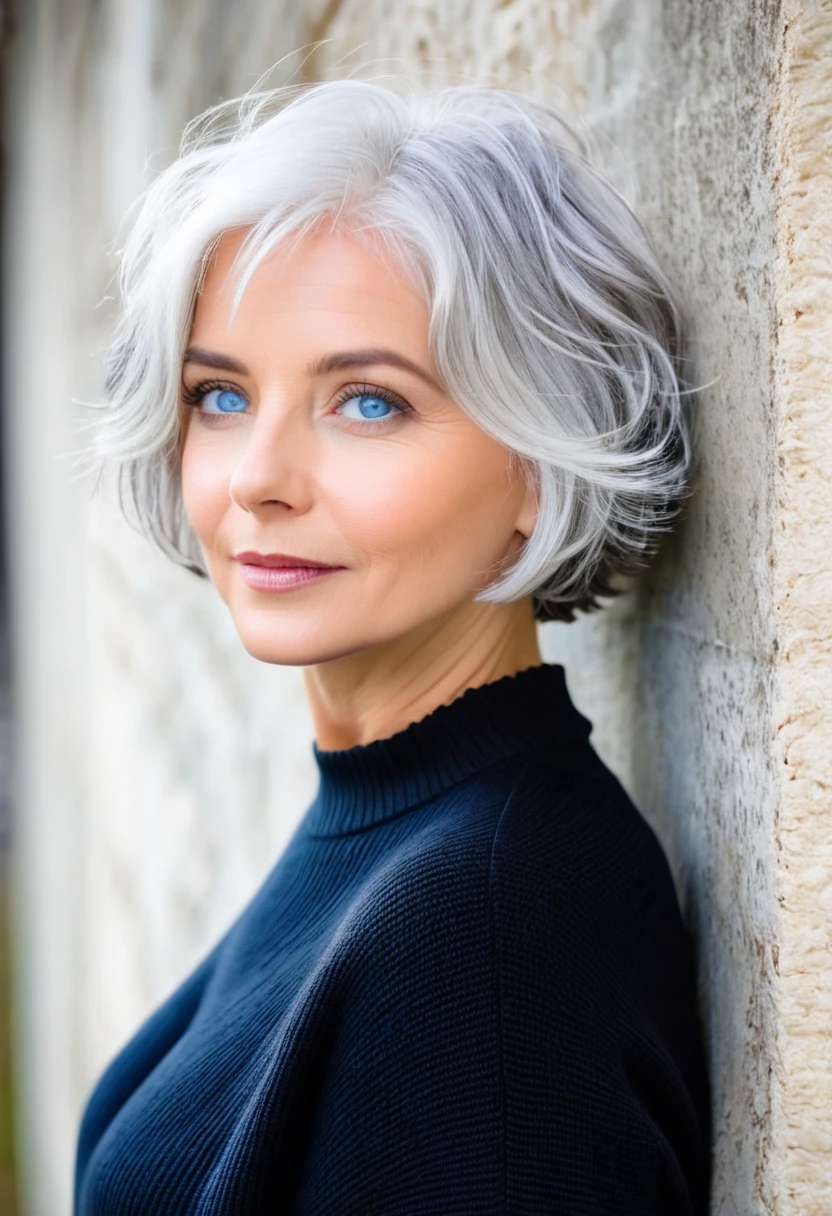 Blonde woman with blue eyes and a black sweater leaning against a wall, Short white hair, white hair color, Messy wavy white hair, short bob white hair, Medium length white hair, White shorthair, Gray-haired lady, white fringe hair, flowy white grey hair, Silvery white hair, Gray-haired, White Hair - Blonde, Bright white hair