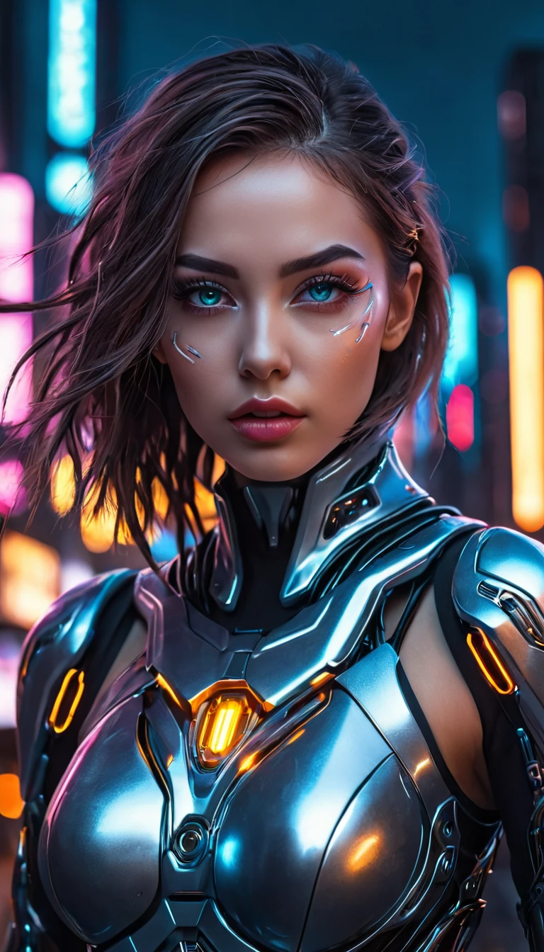 FACE beautiful detailed eyes, beautiful detailed lips, extremely detailed eyes and face, long eyelashes, 1girl, cyborg, cyberpunk, futuristic, sleek metallic costume, intricate tubes and wires, blazing energy claws, hovering over city, electric energy sparking from hyper detailed, photorealistic, 8k, cinematic lighting, dramatic shadows, neon city lights, glowing highlights, dynamic pose, powerful, heroic FACE WOMAN MOD ULTRA FACE