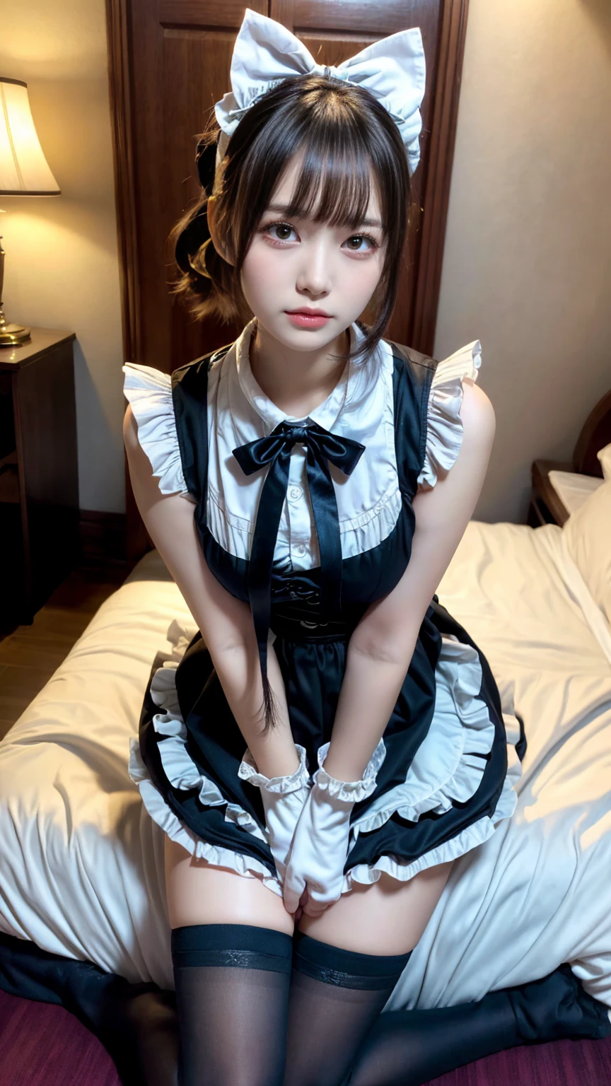 masterpiece, best quality, illustration, Super detailed, fine details, High resolution, 8K,wall paper, perfect dynamic composition,(Details High quality, realistic depiction of eyes:1.3), short hair, (wavy hair:1.2), huge breasts, hotel room, (bow ribbon, Maid, knee high socks:1.3), frill skirt, huge breasts, ponytail, black hair color, Big Natural Color Lip, bold sexy pose, crying a little、cold gaze, Harajuku style、20 year old girl、cute type、ta、beautiful legs, full body photo、focus on crotch, hposing Gravure Idol