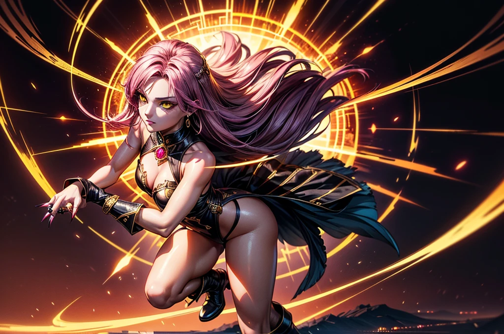 There is lost coliseum there stand female lioness in battle stance, she have ebony colour skin beautiful yellow cat eyes dark gold eyeshadows make up, ring style earrings, her hair is purple with pink highlights . she dressed in white neather topic with golden parts on countures also short and white leather straps on her cat legs instead of boots, her hands have hude ruby claws on her fingers, (ultra high quality fantasy art, dark fantasy style, masterpiece, ultra high quality character design, 8k quality anime art, realistic anime art, top quality wallpaper illustration, detailed ultra high quality accurate face, high quality design and accurate physic
