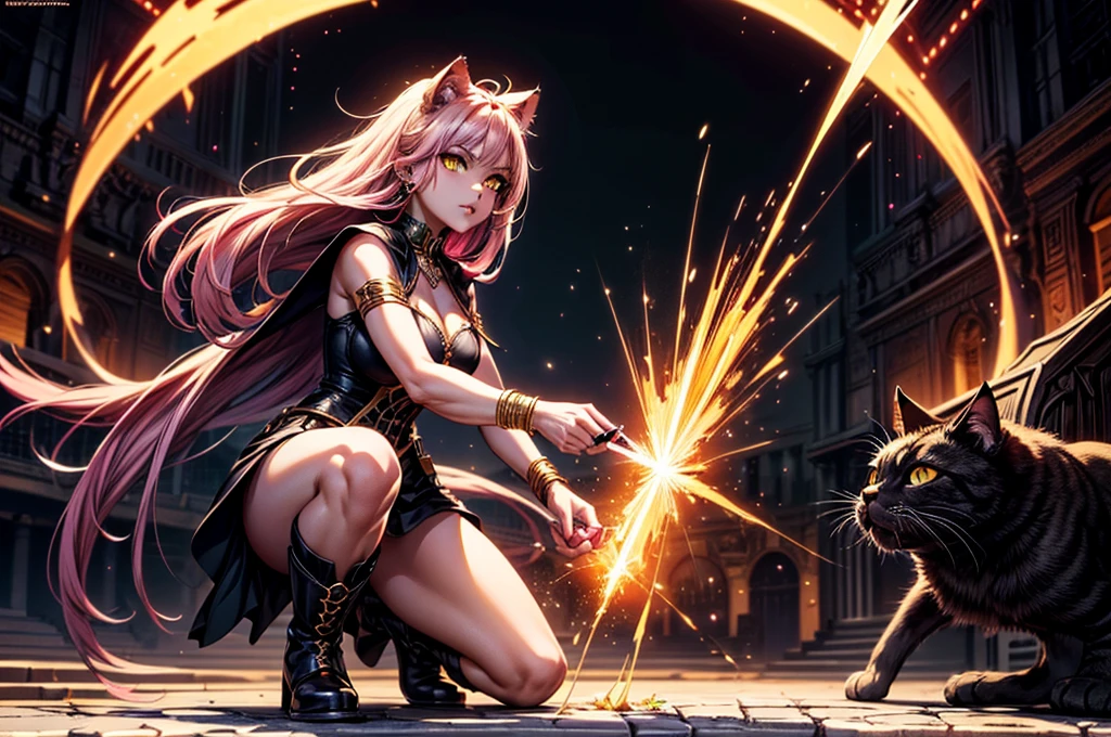 There is lost coliseum there stand female lioness in battle stance, she have ebony colour skin beautiful yellow cat eyes dark gold eyeshadows make up, ring style earrings, her hair is purple with pink highlights . she dressed in white neather topic with golden parts on countures also short and white leather straps on her cat legs instead of boots, her hands have hude ruby claws on her fingers, (ultra high quality fantasy art, dark fantasy style, masterpiece, ultra high quality character design, 8k quality anime art, realistic anime art, top quality wallpaper illustration, detailed ultra high quality accurate face, high quality design and accurate physic