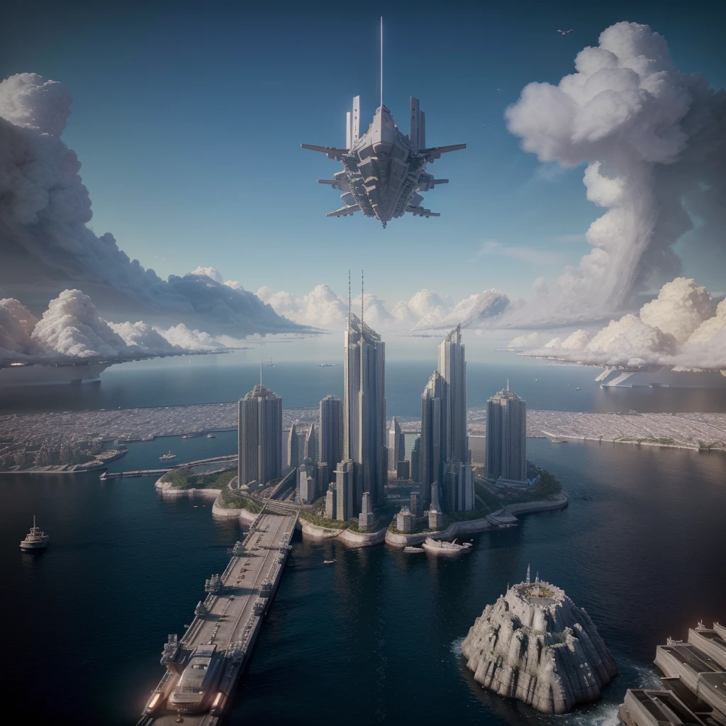 (high quality,Masterpiece,Octane Rendering,Ray Tracing,Extremely detailed,3d,8k:1.2) ,Future City,Surreal,Several warships in the air