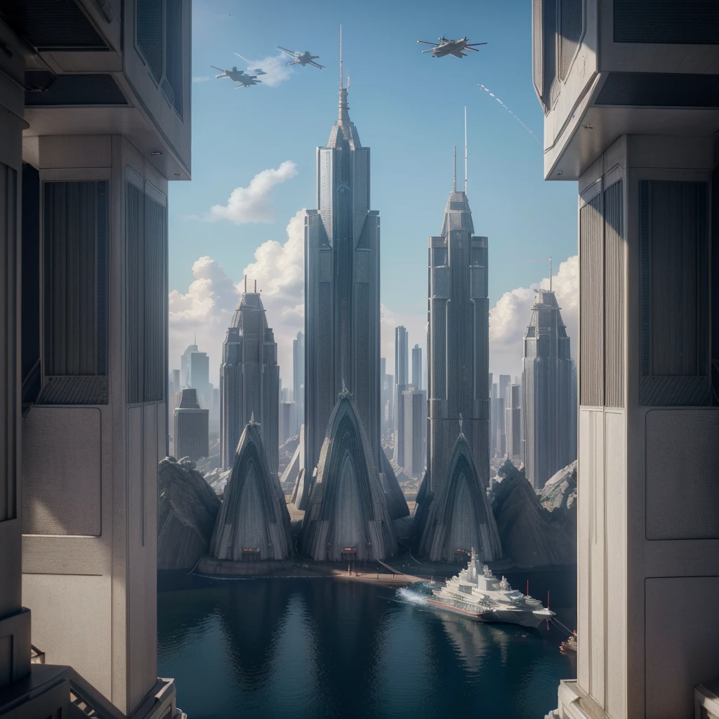 (high quality，Masterpiece，Octane Rendering，Ray Tracing，Extremely detailed，3d，8k:1.2) ，Future City，Surreal，Several warships in the air