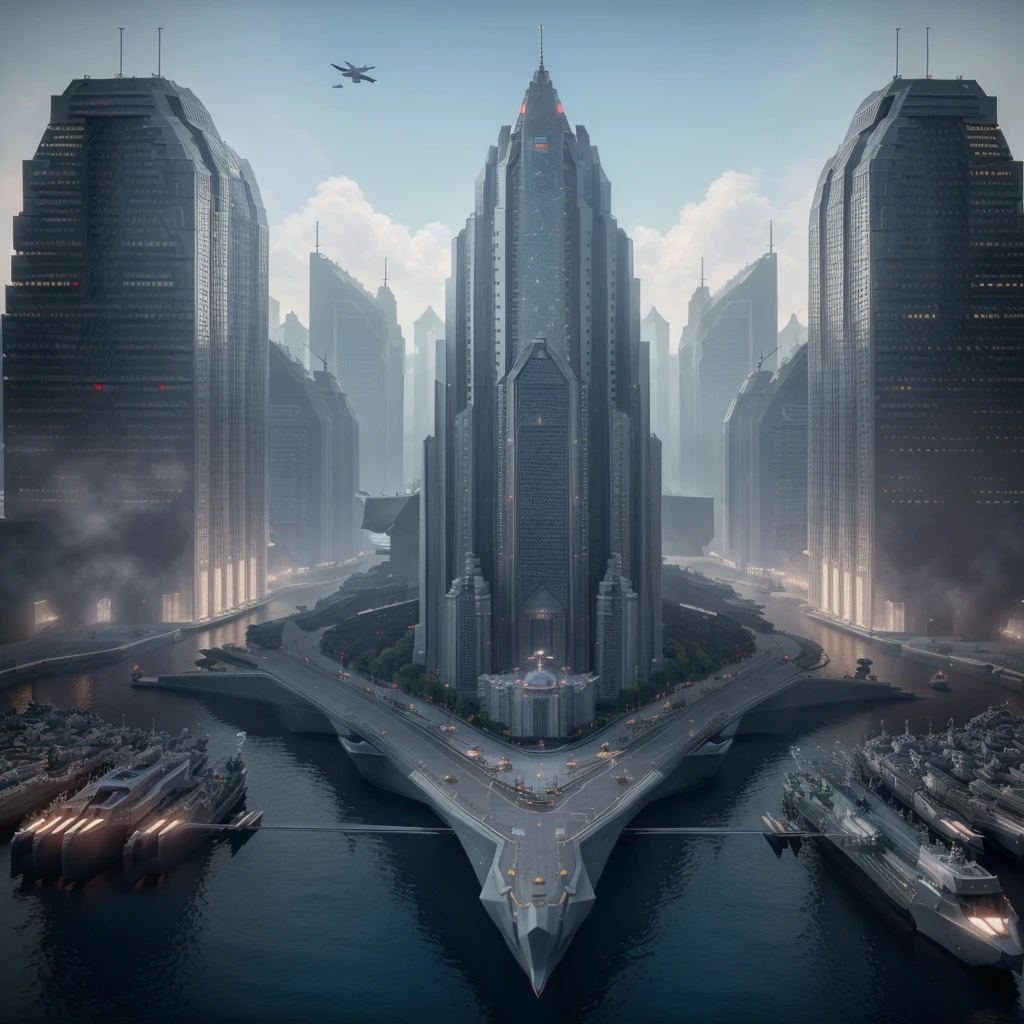 (high quality,Masterpiece,Octane Rendering,Ray Tracing,Extremely detailed,3d,8k:1.2) ,Future City,Surreal,Several warships in the air