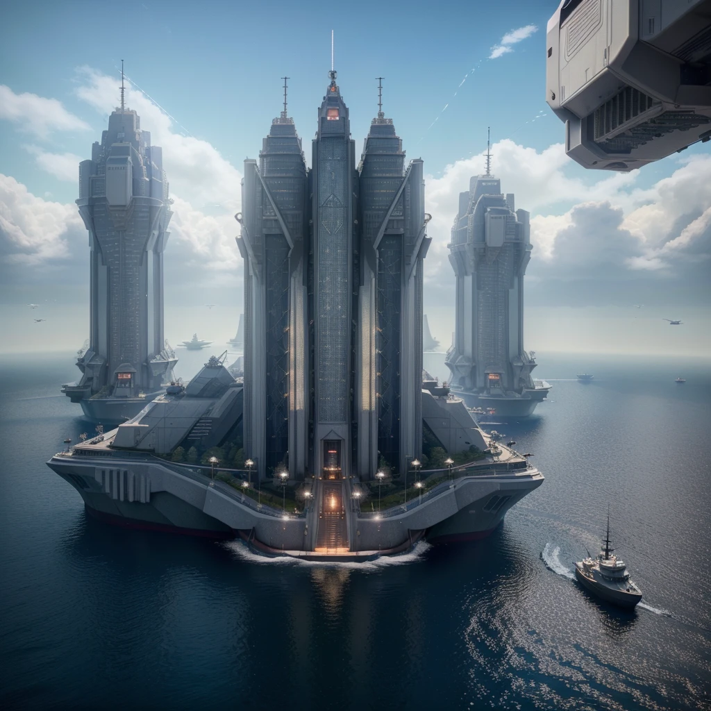 (high quality,Masterpiece,Octane Rendering,Ray Tracing,Extremely detailed,3d,8k:1.2) ,Future City,Surreal,Several warships in the air