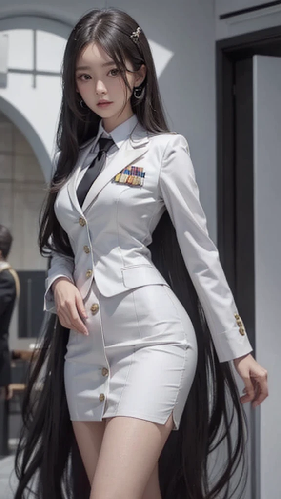 business woman, beautiful woman, Decorated with military insignia, Wear a suit and tie., Short skirt, businessuitwhite, กระโปรงดินสอสั้นwhite, businessuitรัดรูป, All white outfit, Emphasize the curves of the body, (สาวสวยTwo meter long hair, my hair is very long., extra long hair, long black hair), businessuit, (suitสไตล์อิตาลี, suitสองปุ่ม), (italian dress, white สูท, Set of two buttons), (wear women's clothes'suit, women's business suit, white), (สูทผู้หญิงwhite), (เสื้อเชิ้ตwhite), necktie, (necktieสั้นสีดำ, necktieสีดำ, necktieผอม, ถักnecktie), (military rank insignia), (Short pencil skirtwhite), (Dynamic posts), full body, (A gigantic rift), (big breasts, Thin body, small waist, hips raised, small thighs, Long legs), high-heelsสีดำ, (Short pencil skirt, white), Wearing a suit for a business woman, (Wearing a white businesสูท, businessuitหญิงwhite), (tight, military regalia, เสื้อwhite, กระโปรงwhite), Long legs, (black shoes), (Two gold สูท buttons, Two meter long hair, suitเข้ารูป, เสื้อสูทwhiteทรงธรรมดารัดรูป), (black shoes, high-heels), (stand, walk, elegant posture, Dynamic posts), short dress, earring, garden, modeling, ภาพfull body, เหมือนfull body