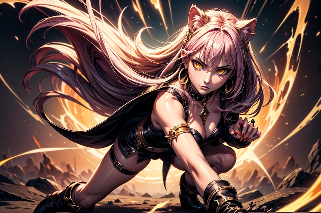 There is lost coliseum there stand female lioness in battle stance, she have ebony colour skin beautiful yellow cat eyes dark gold eyeshadows make up, ring style earrings, her hair is purple with pink highlights . she dressed in white neather topic with golden parts on countures also short and white leather straps on her cat legs instead of boots, her hands have hude ruby claws on her fingers, (ultra high quality fantasy art, dark fantasy style, masterpiece, ultra high quality character design, 8k quality anime art, realistic anime art, top quality wallpaper illustration, detailed ultra high quality accurate face, high quality design and accurate physic