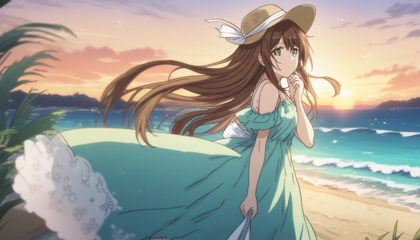 Hina Tachibana, long hair, brown hair, green eyes, Summer Dress, long dress, Beach, wind, pleasure, sunset, hat
