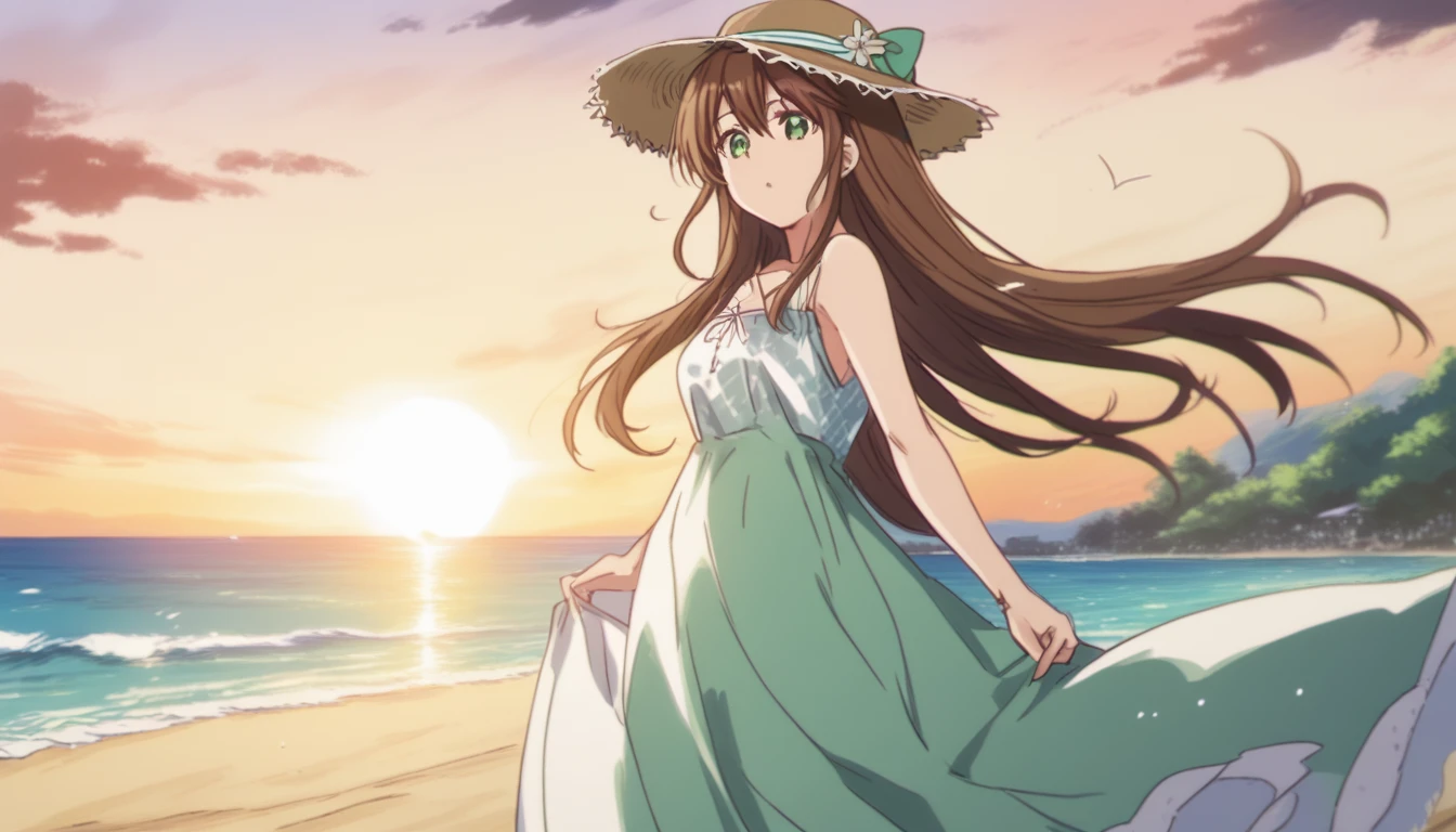 Hina Tachibana, long hair, brown hair, green eyes, Summer Dress, long dress, Beach, wind, pleasure, sunset, hat
