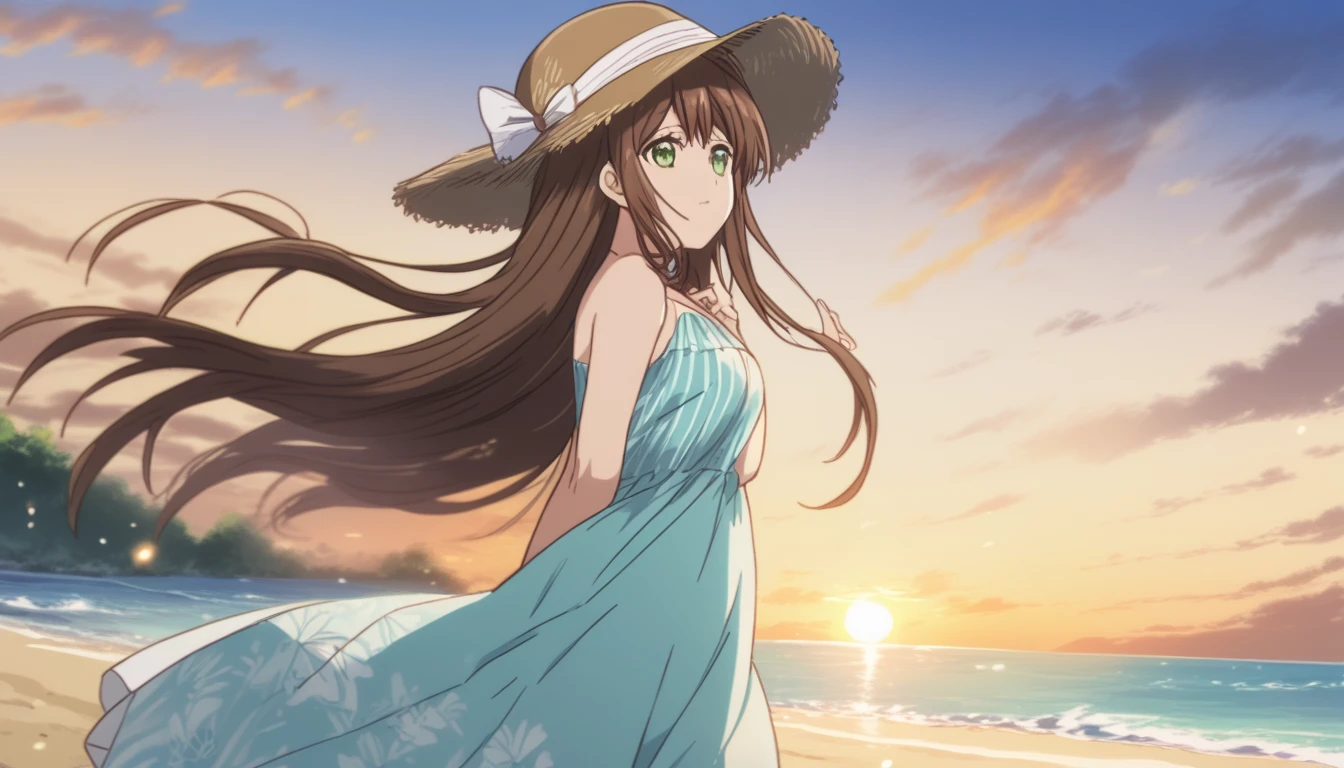 Hina Tachibana, long hair, brown hair, green eyes, Summer Dress, long dress, Beach, wind, pleasure, sunset, hat
