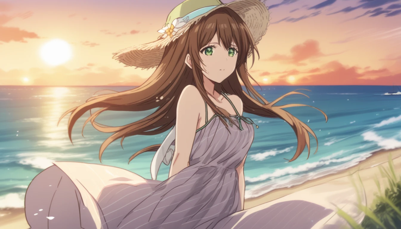 Hina Tachibana, long hair, brown hair, green eyes, Summer Dress, long dress, Beach, wind, pleasure, sunset, hat
