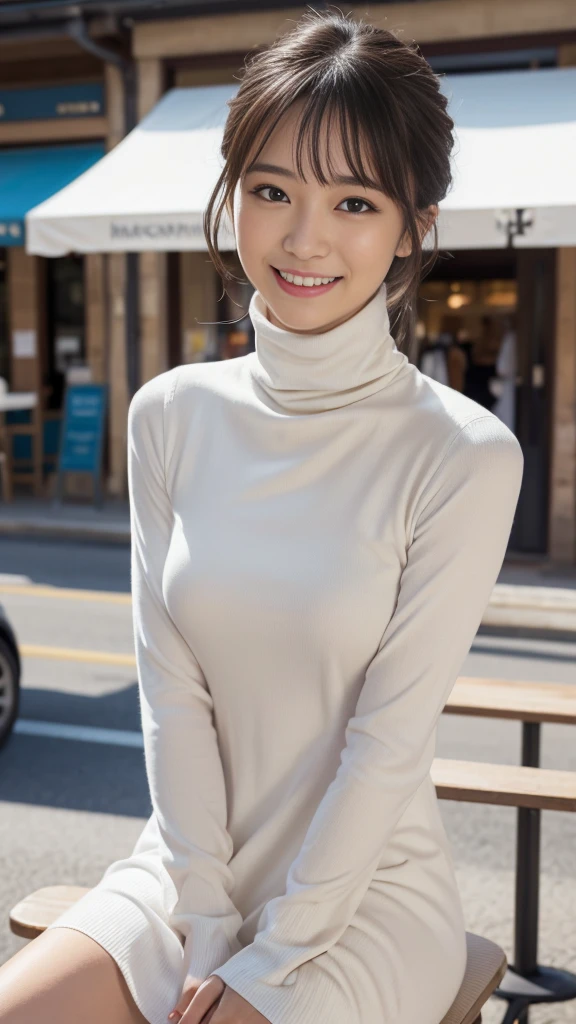 (saika1),(Sit in front of the café:1.4),Best Quality, 1girll, (skin indentation), (Slender models:1.2), (blur backgroun:0.6), (Street:1.2), (People, Crowd of:1), Sonoko, day, plein air, (Casual Fashion, elegant fabric, turtleneck dress:1.5), Gorgeous, (Random hairstyle:1.2), (Floating hair:1.2), (Dynamic Pose:1.2), Soft lighting, Wind, (Front light:1.5), makeup,(Natural smile:1.2)