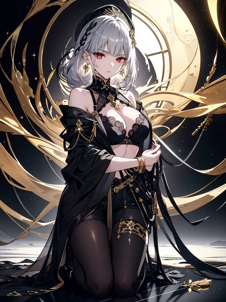 8k,High resolution RAW color art, Anime Art,Silver Marble Skin, (((Highly detailed elegant))), Detailed skin, texture,(Exquisitely crafted, The finer details, Ultra-detailed art), (((1 girl))), Depth of written boundary, Silky Touch, Hyper Detail, (((Cool face))), eye shadow、Armed women, Beautiful detailed red eyes, Beautiful lip detail, Highly detailed face, Delicate depiction of hair and eyes, Detailed Fashion, Golden Earrings,Full body depiction, Black half-top bra、Black shorts、Waist Cloak、black tights、Golden decoration, Light gray hair, Golden bracelet, Straight Hair、(((Hair)))、moonlight、Calm background、(((Black theme)))、Snowflake background、Side view、Kneeling、Less exposure