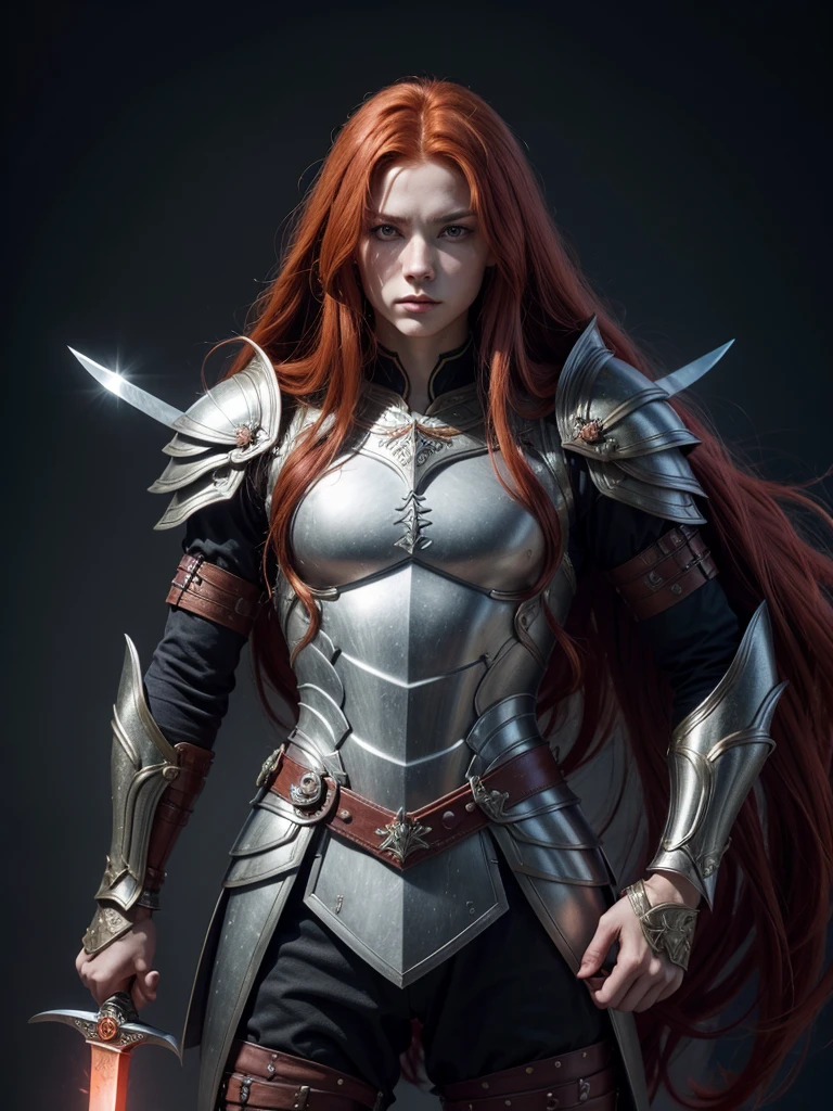 Olympian God, (Long Red Hair), Have a legendary sword ,Precision craftsmanship, Detailed Handle, Sharp blade, Proper Proportions, Beautiful texture, mythical sword, Iconic symbol best quality,4K,High resolution, Artwork:1.2), Super detailed.Wearing gorgeous armor