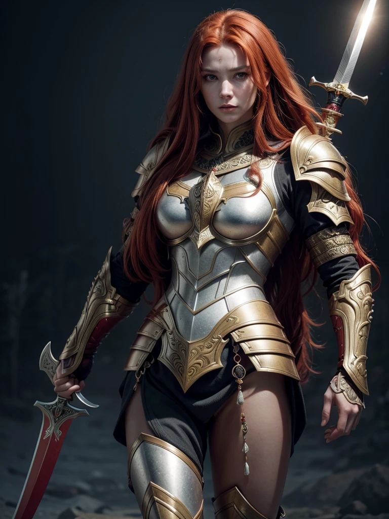 Olympian God, (Long Red Hair), Have a legendary sword ,Precision craftsmanship, Detailed Handle, Sharp blade, Proper Proportions, Beautiful texture, mythical sword, Iconic symbol best quality,4K,High resolution, Artwork:1.2), Super detailed.Wearing gorgeous armor