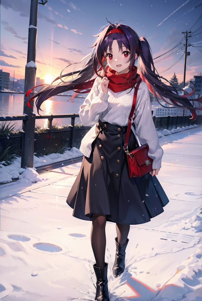 yuukikonno, Konno Yuuki, Long Hair, Pointed Ears, Purple Hair, (Red eyes:1.5), (Small breasts:1.2), Open your mouth,happy smile, smile, Open your mouth,hair band,low twin tail,Red Scarf,Oversized purple sweater,Black pantyhose,Long skirt,short boots,Holding a paper cup of coffee in both hands,Walking,snowが降っている,snowが降り積もっている,snow,snow,snow,snow,snowが積もった木,winter,Cold Sky,night,whole bodyがイラストに入るように,
break looking at viewer,  whole body,
break outdoors, Building district,
break (masterpiece:1.2), Highest quality, High resolution, unity 8k wallpaper, (figure:0.8), (Beautiful attention to detail:1.6), Highly detailed face, Perfect lighting, Highly detailed CG, (Perfect hands, Perfect Anatomy),